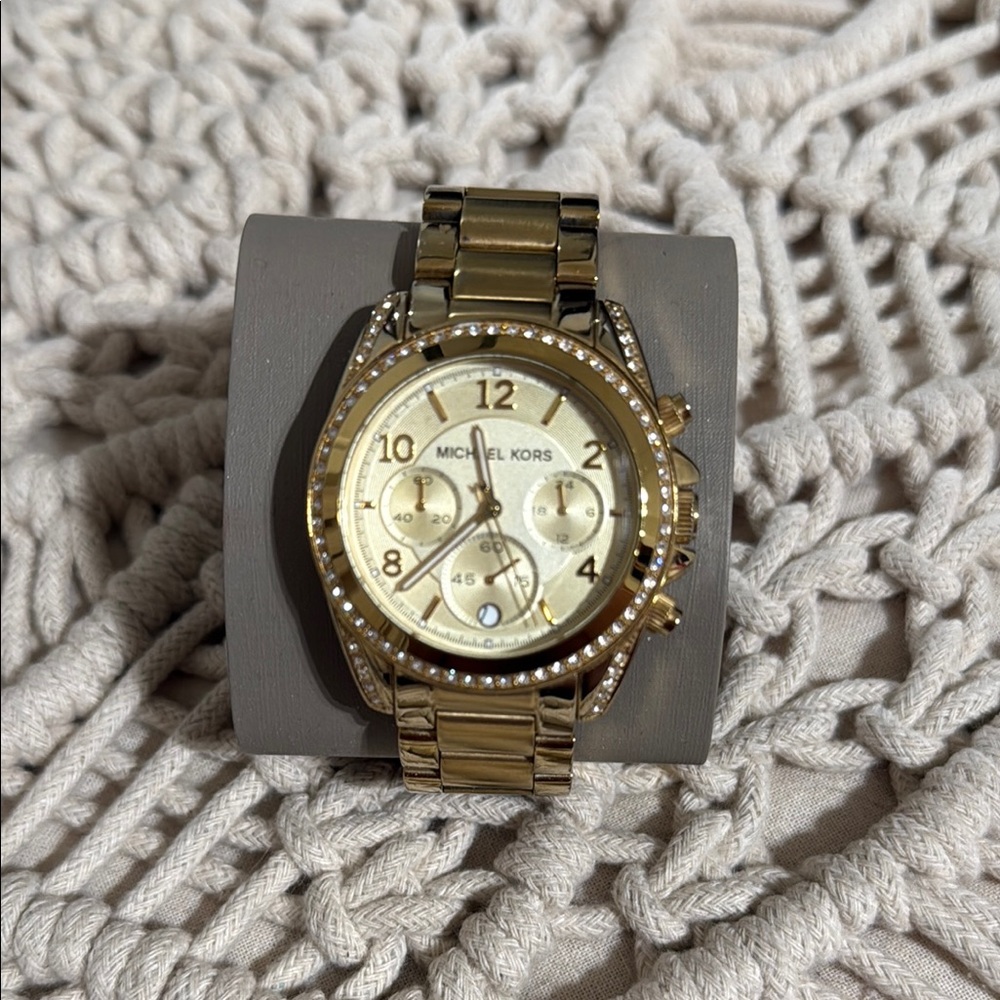 Michael Kors Gold Chronograph Watch with Rhinestone Bezel